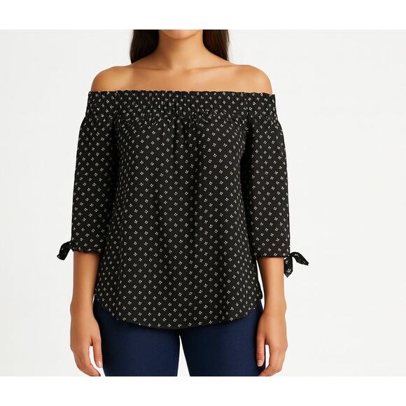 H&M Size 6 Navy Blue Polka Dot Off Shoulder Top - Picture 1 of 8